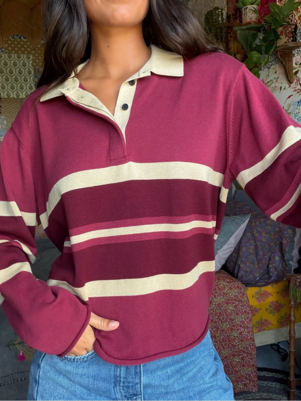 Natural Life Retro Cotton Rugby Shirt - Burgundy Stripe - XS NEW WITH TAGS NWT